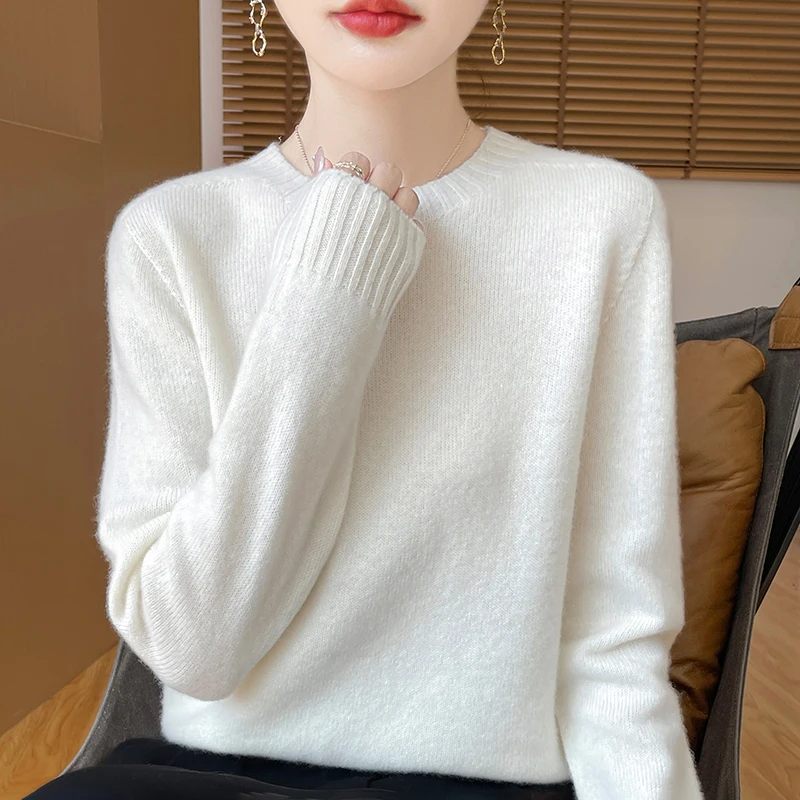 Women's Winter Sweater 100% Merino Wool Seven Needle Thick Warm Crewneck Jumper Solid Color Knitwear Casual Basic Top