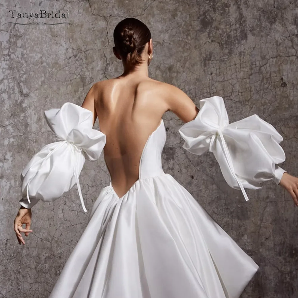 Shine Satin Puff Detachable Wedding Dresses Long Elegant  Fingerless Gloves Chic With Ribbon   DG153