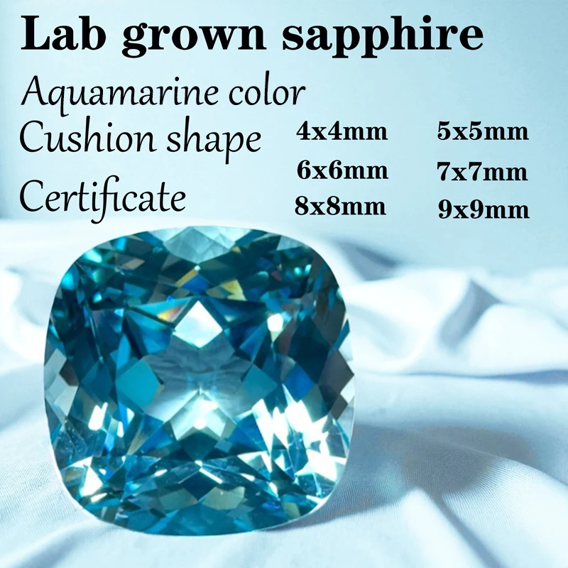 

Сапфировый аквамарин в форме подушки, выращенный в лаборатории драгоценный камень VVS1 для DIY, усовершенствованные ювелирные изделия, кольца, изготовление сережек с сертификатом