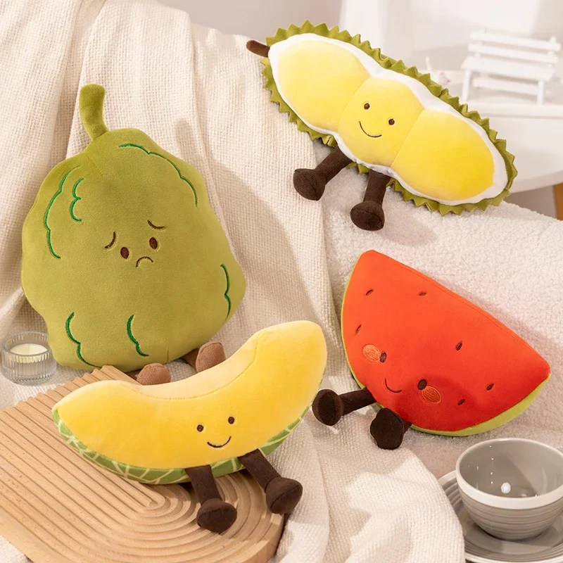 Bonito sorriso frutas vegetais brinquedo de pelúcia kawaii almofada macia melancia hamimelon bálsamo pêra durian travesseiro crianças presente natal