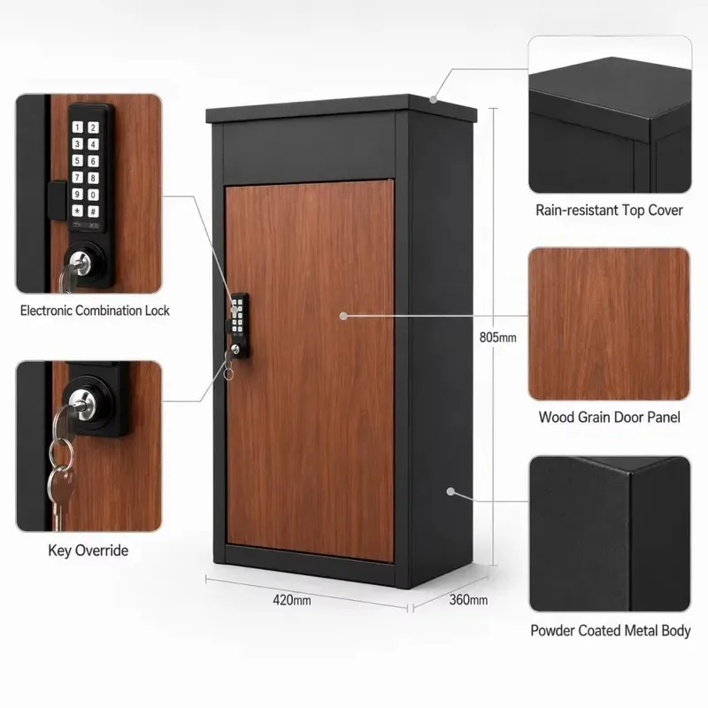 Outdoor Lockable Parcel Delivery Box Freestanding Metal Locker with Combination Lock Wood Grain Door