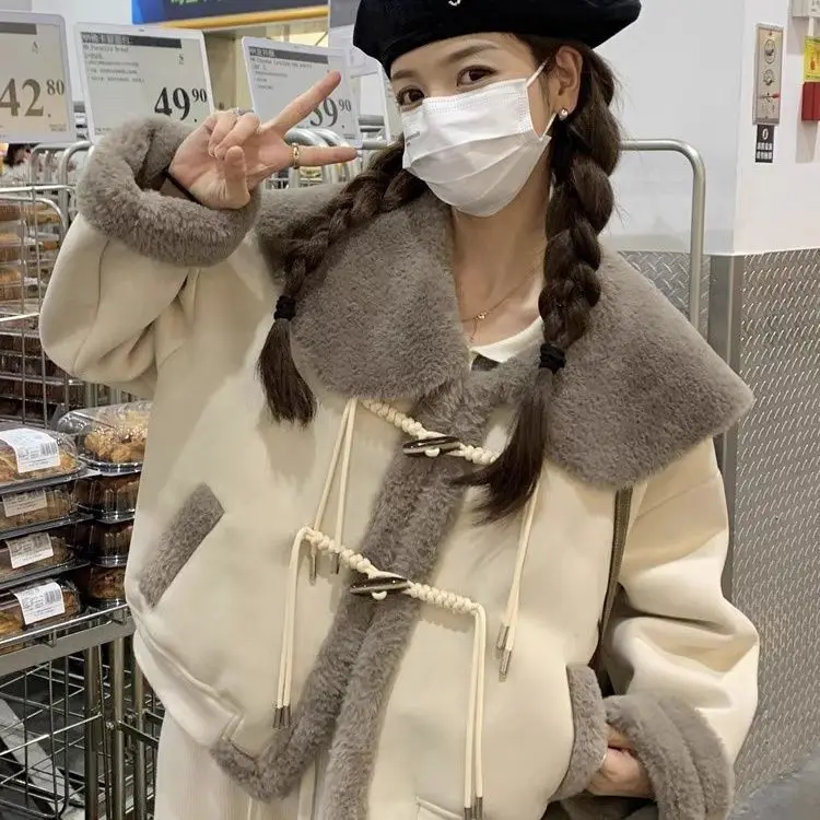 Korea Stijl Stand Kraag Lamswollen Jas Vrouwen Winddicht Warm Bont Uitloper Vrouwelijke Chic Verdikte Losse Bikerjack Streetwear