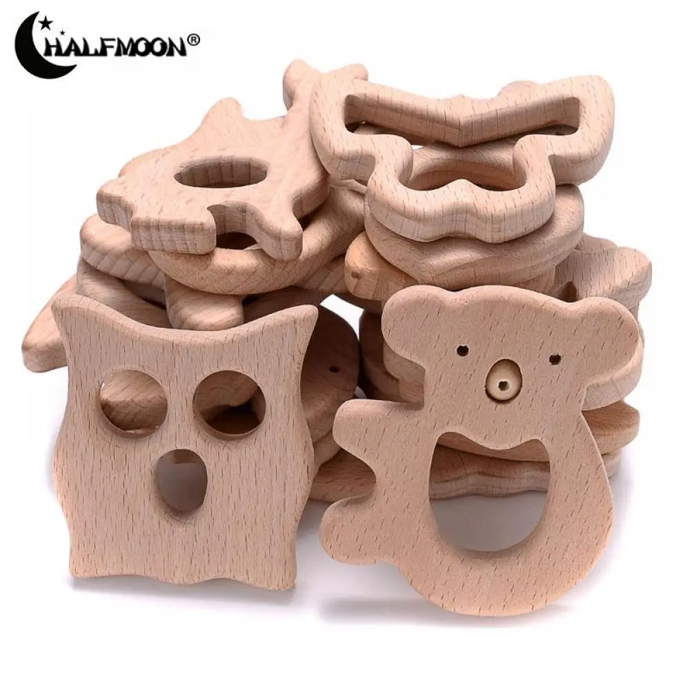 1Pcs Beech Wooden Teether Animal Shape Wood Teething for Baby Molar Rod Toys Wood Necklace Pendant Baby Chew Teether