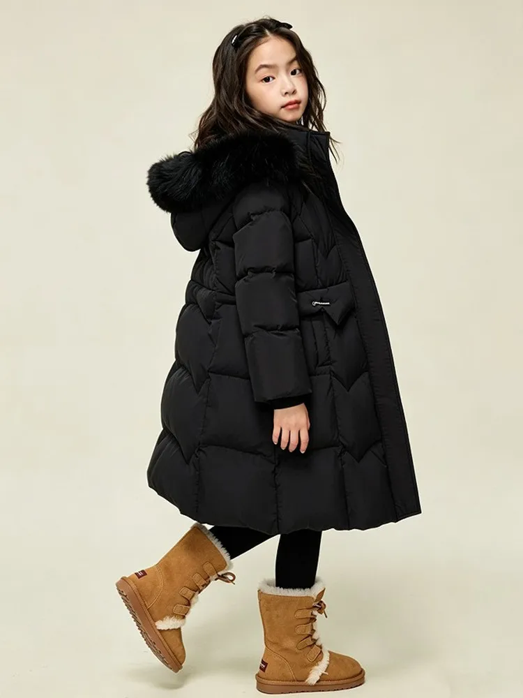 Langer Winter-Daunenmantel für Mädchen mit großer Kunstfellkapuze, Kinder-Taillengürtel, warme Pufferjacke für Mädchen, Schnee-Oberbekleidung A5107 – Detail 8