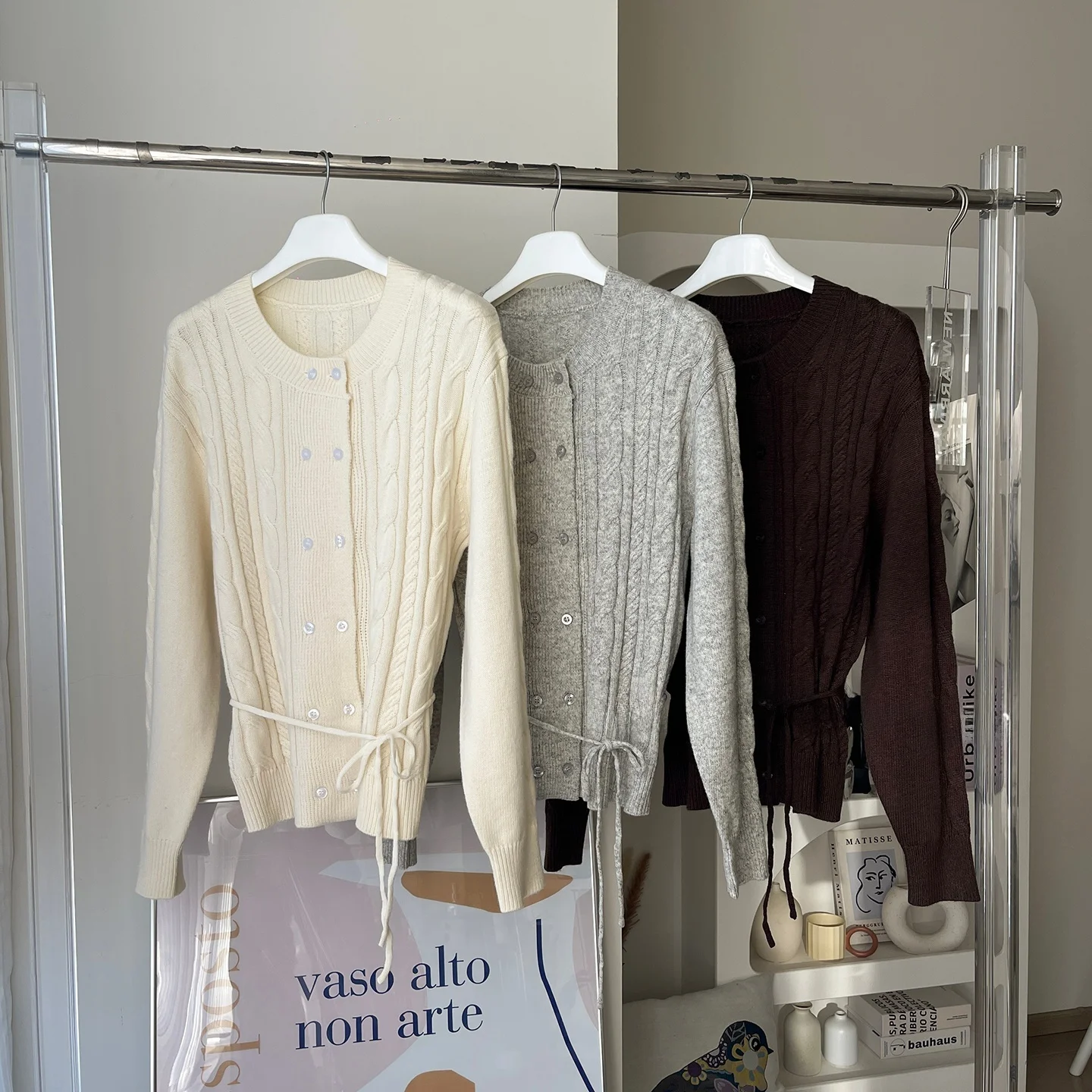 

Knitted Wool Sweater with Belt round Ne Commute Versatile Women's Long Sve Button up Pure Color Top