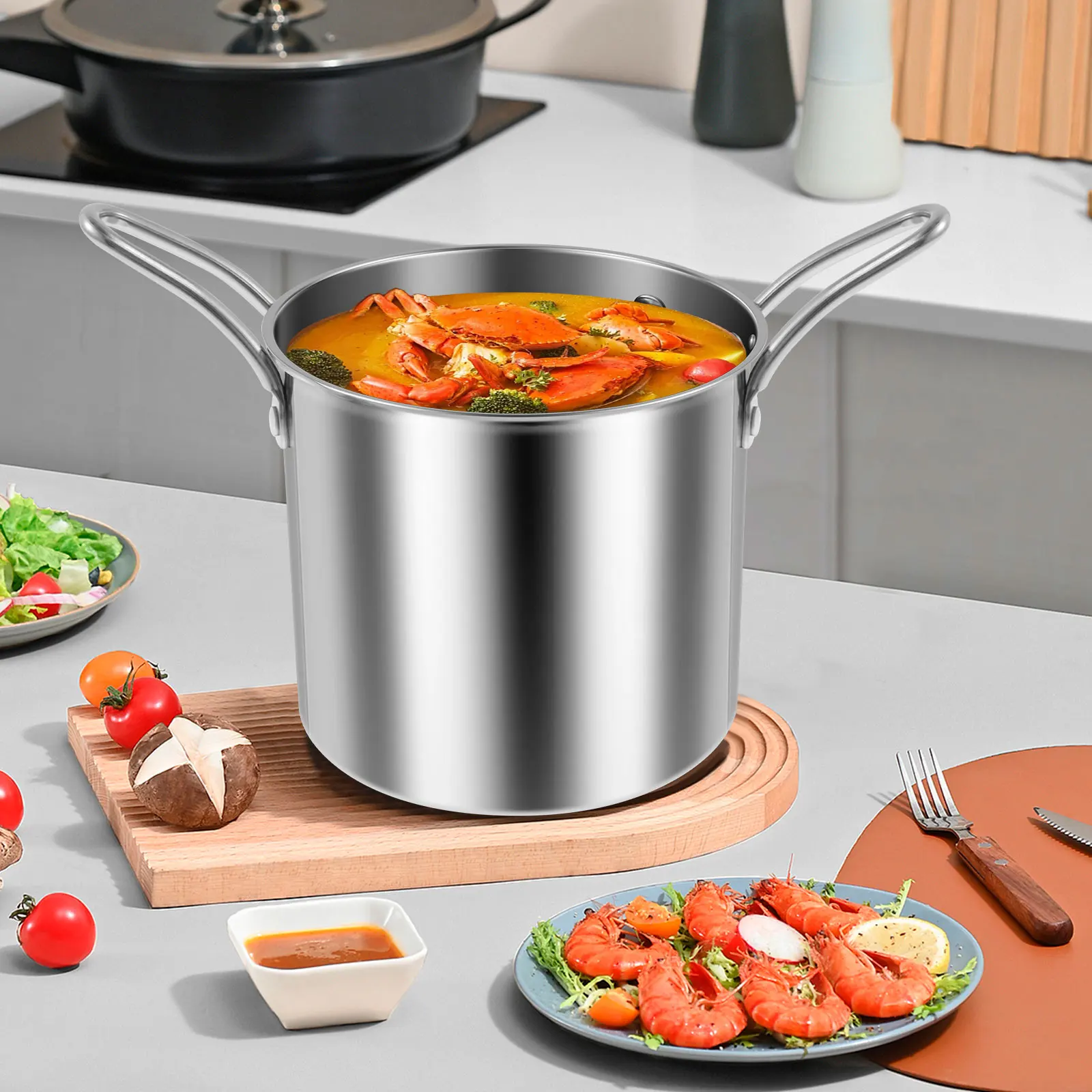 New Upgrade Deep Fryer Pot Large Stainless Deep Fryer Pasta Strainer Basket Chicken Fried Food Strainer Multifunctional Cookware