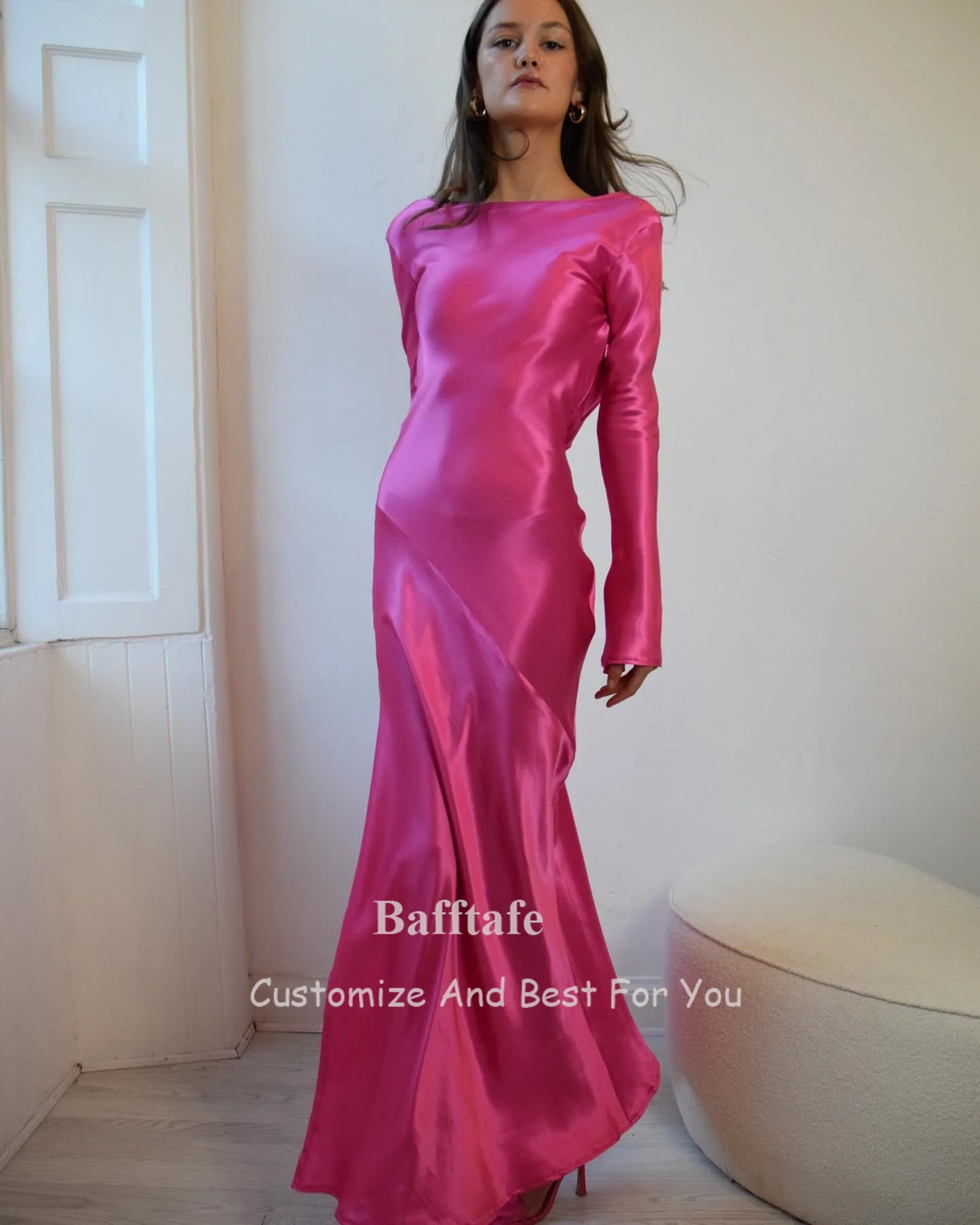 Bafftafe Sheath Silk Satin Women Prom Dresses Customized Long Sleeves Sexy Backless Special Evening Occasion Party Dress 2024