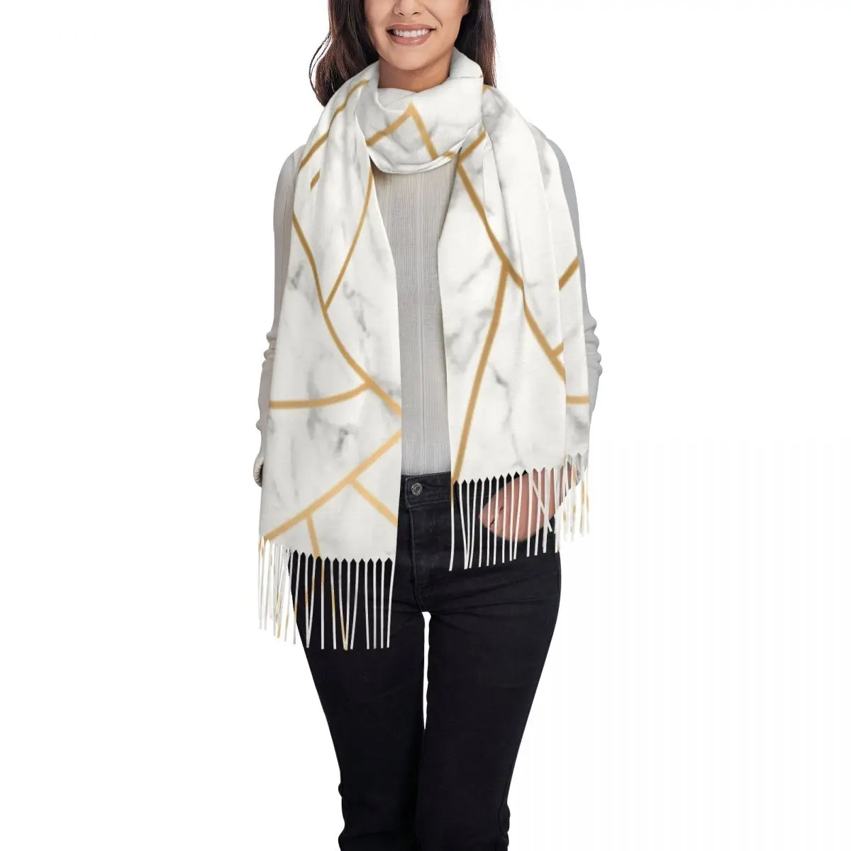 Ladies Long Marble Abstract Geometric Pattern Scarves Women Winter Fall Soft Warm Tassel Shawl Wrap Modern Art Scarf