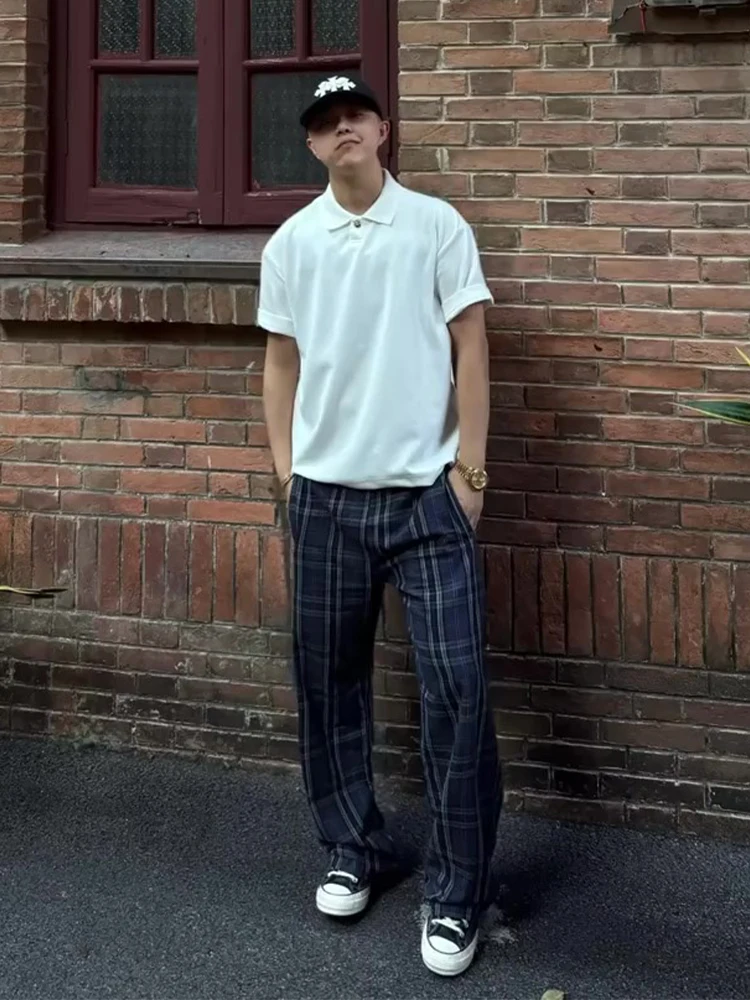 

Light Blue Plaid Men's Summer Thin Straight Leggings High Street Casual Sports Pants Loose Wide Leg Micro Flared Trousers