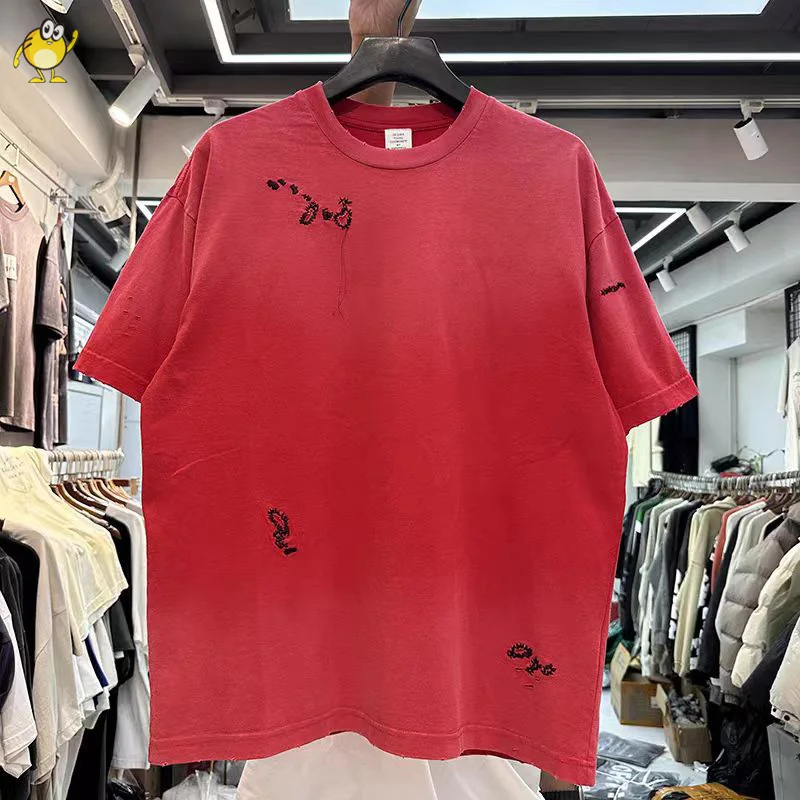 

Oversized Streetwear Summer T Shirts Hip Hop Casual Crewneck Damaged New Men Woman Black Red Top Quality Washed Tees