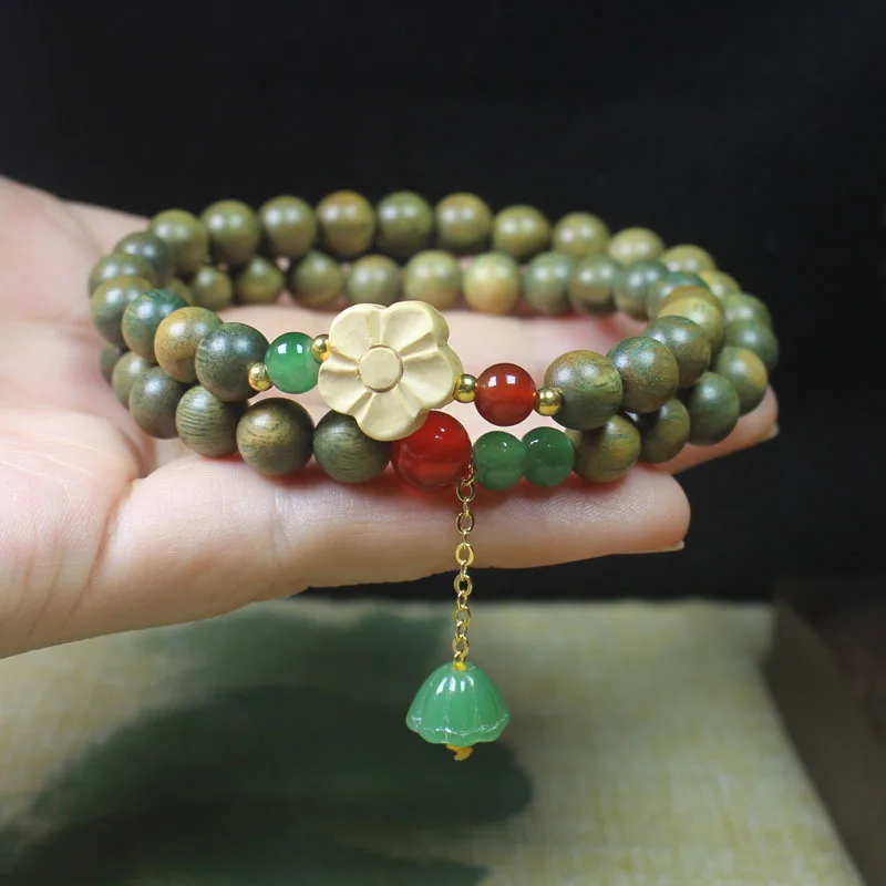 

8mm Green Sandalwood Bracelet Five Petal Flower Style with Fresh Scent Lotus Pod Jewelry for Men and Women Gifts