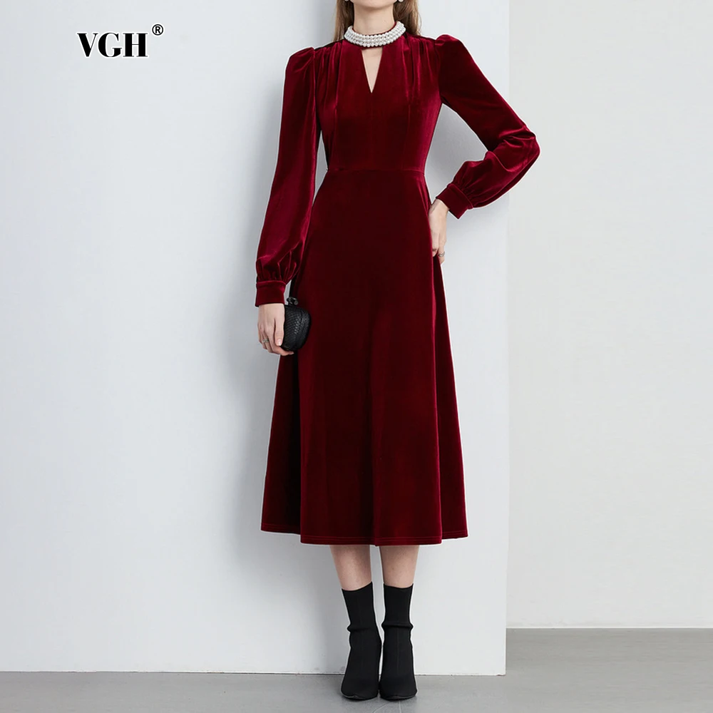 

VGH Solid Elegant Slimming Dresses For Women Stand Collar Long Sleeve High Waist Splived Pearl Evening Dress Female Fashion New