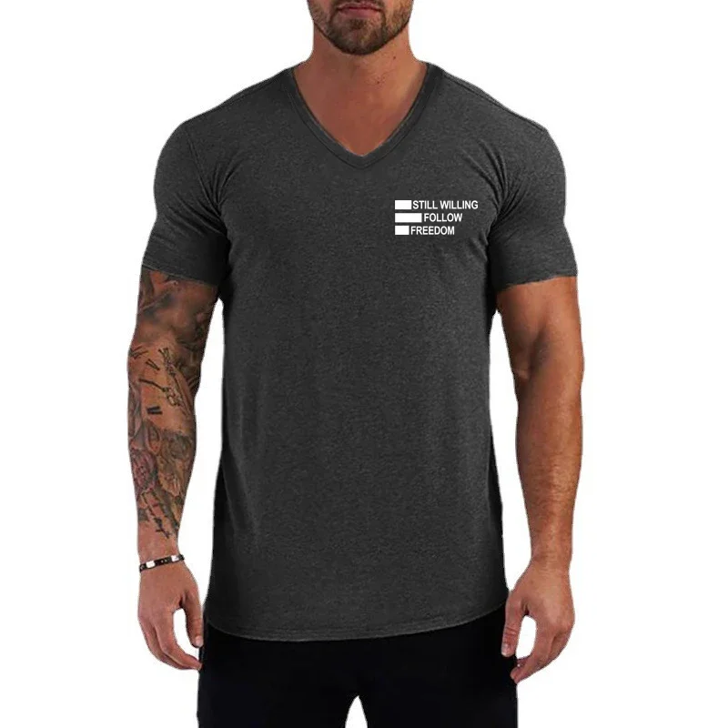 Follow Freedom Letters Fashion Casual V-Neck Short Sleeve T-shirt Men Summer Cotton Sweat Wicking Slim Fit Sports T Shirt