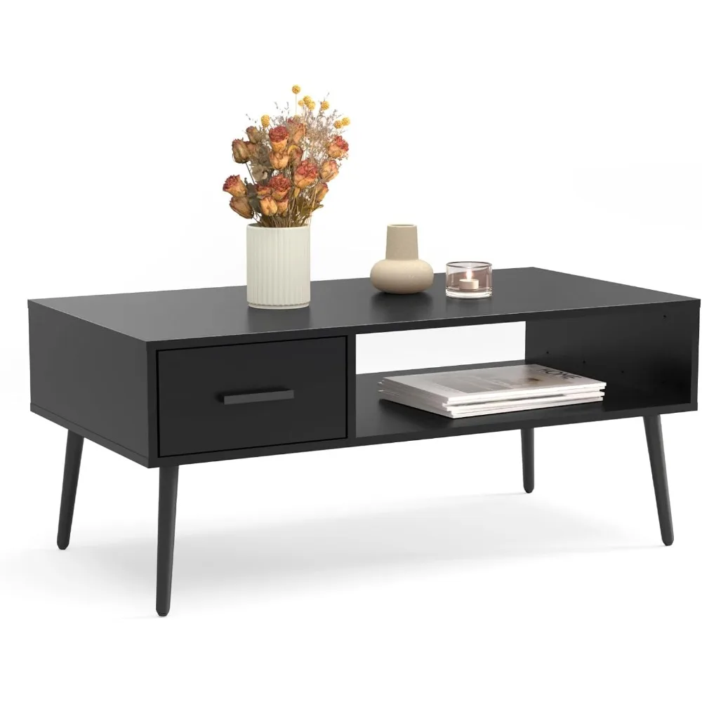 

Open Storage Shelf Coffee Table for Living Room Office Mid Century Modern Style Cocktail Table TV Stand With Drawer Side Tables