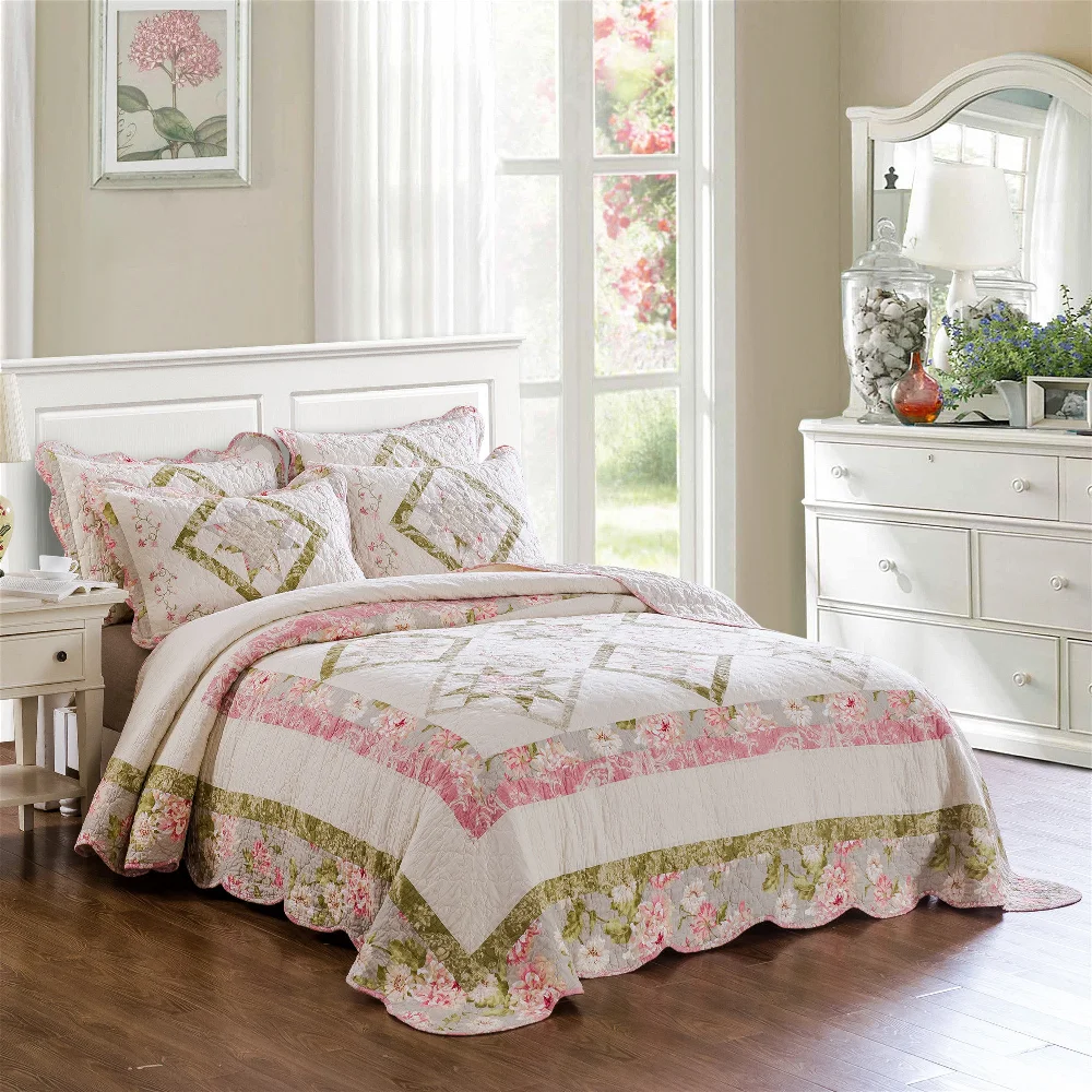Luxury European Embroidery Cotton Quilt Large Size, 3PCS Patchwork Quilted Bedspread Set, All-Season Coverlet, 1PC Bed Blanket
