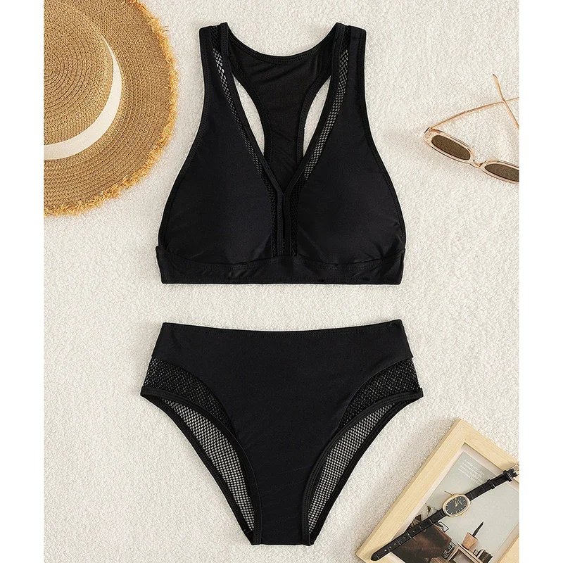

Solid Bathing Suit for Women Spliced Hollow Out V Neck High Cut Thong Bikini Set 2025 New Fashion Sexy Lady Swimwear Two Piece