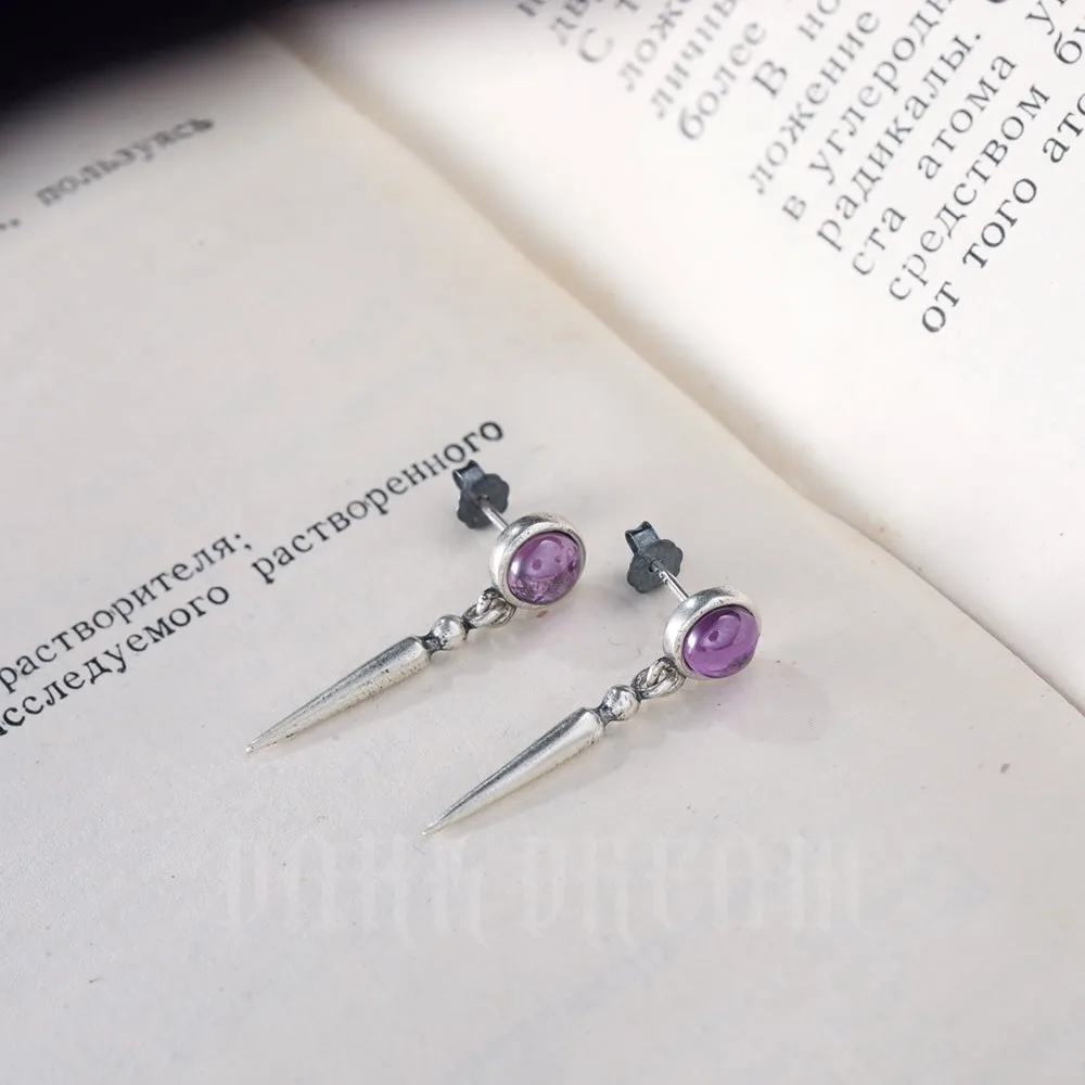 1 Pair Vintage Real 925 Sterling Silver Fine Jewelry Round Purple Crystal Drop Earrings Gothic Style Ear Pin For Men Women