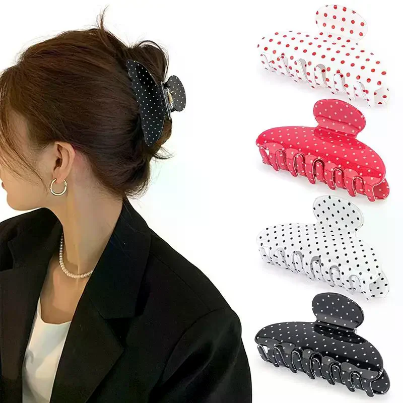 Women Vintage Large Size Hair Claw Clip Polka Dots Print Acrylic Shark Clip Simple Hairpin Elegant Hair Clips Hair Accessories