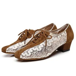 Zapatos de baile cuadrados de malla para mujer, calzado de tacón grueso para adultos, suela suave, zapatos de vals sociales, zapatillas Retro, zapatos de baile latino, tacón de 4cm
