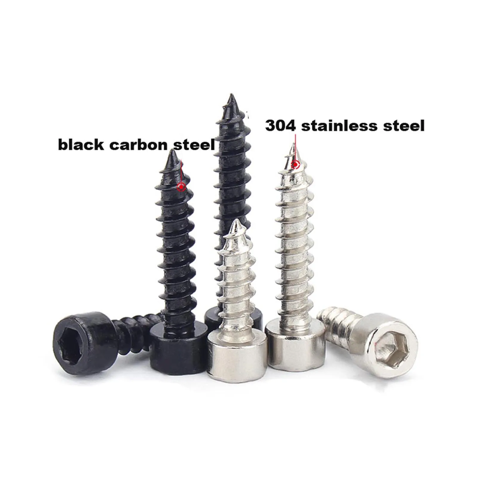 10/50X M1.7 M2 M2.6 M3 M3.5 M4 M5 M6 304 Stainless Black Carbon Steel Allen Hex Hexagon Socket Cap Head Wood Self-tapping Screw