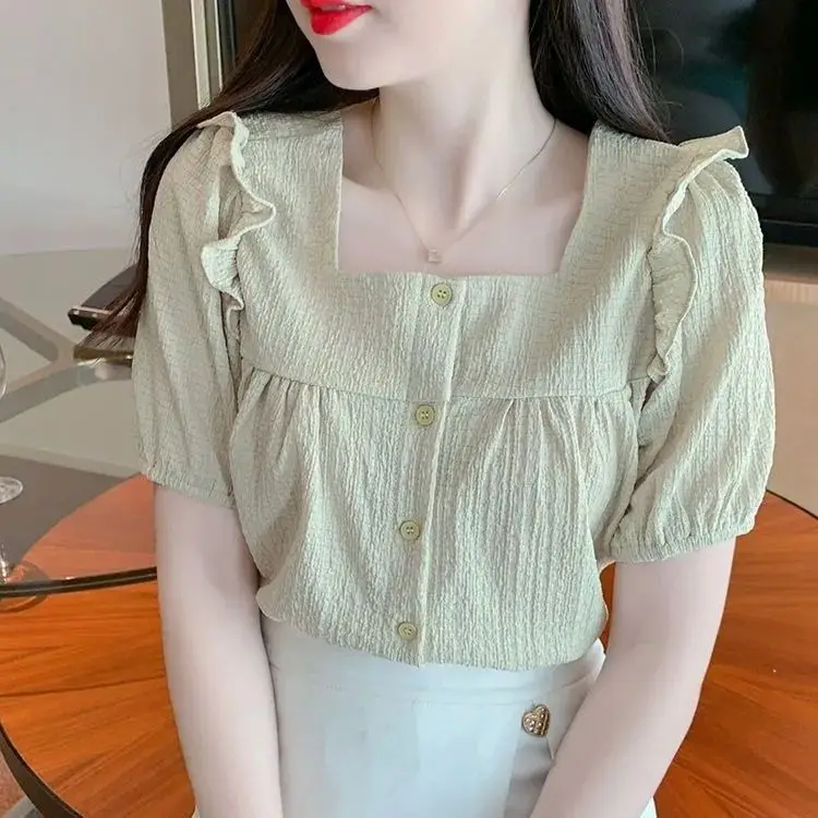 夏の韓国風フリルシャツと甘いフレンチトップ