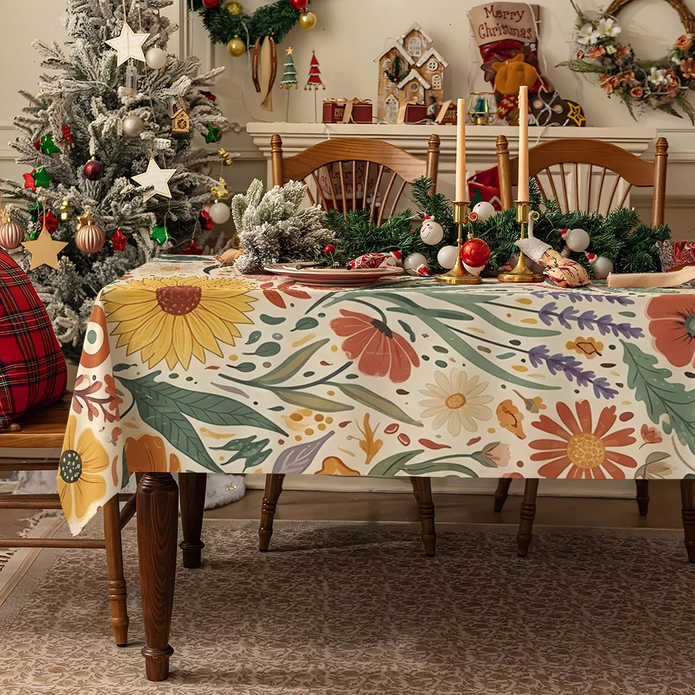 Green Red Floral Stripes Table Cloth Waterproof Tablecloth Spill Proof Table Cloth, Wipe Clean Table Cloth for Dining Camping