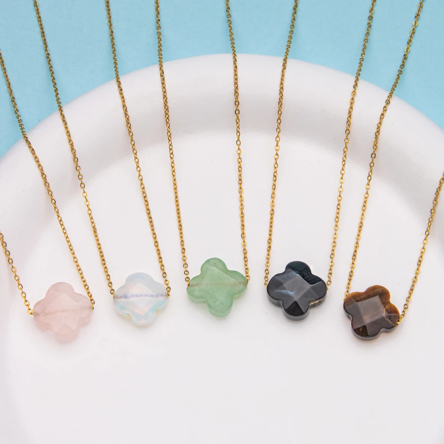 1pc natrual crystal stone gemstone agate Four Leaf Clover Adjustable stainless steel pendant  necklace for  women and men