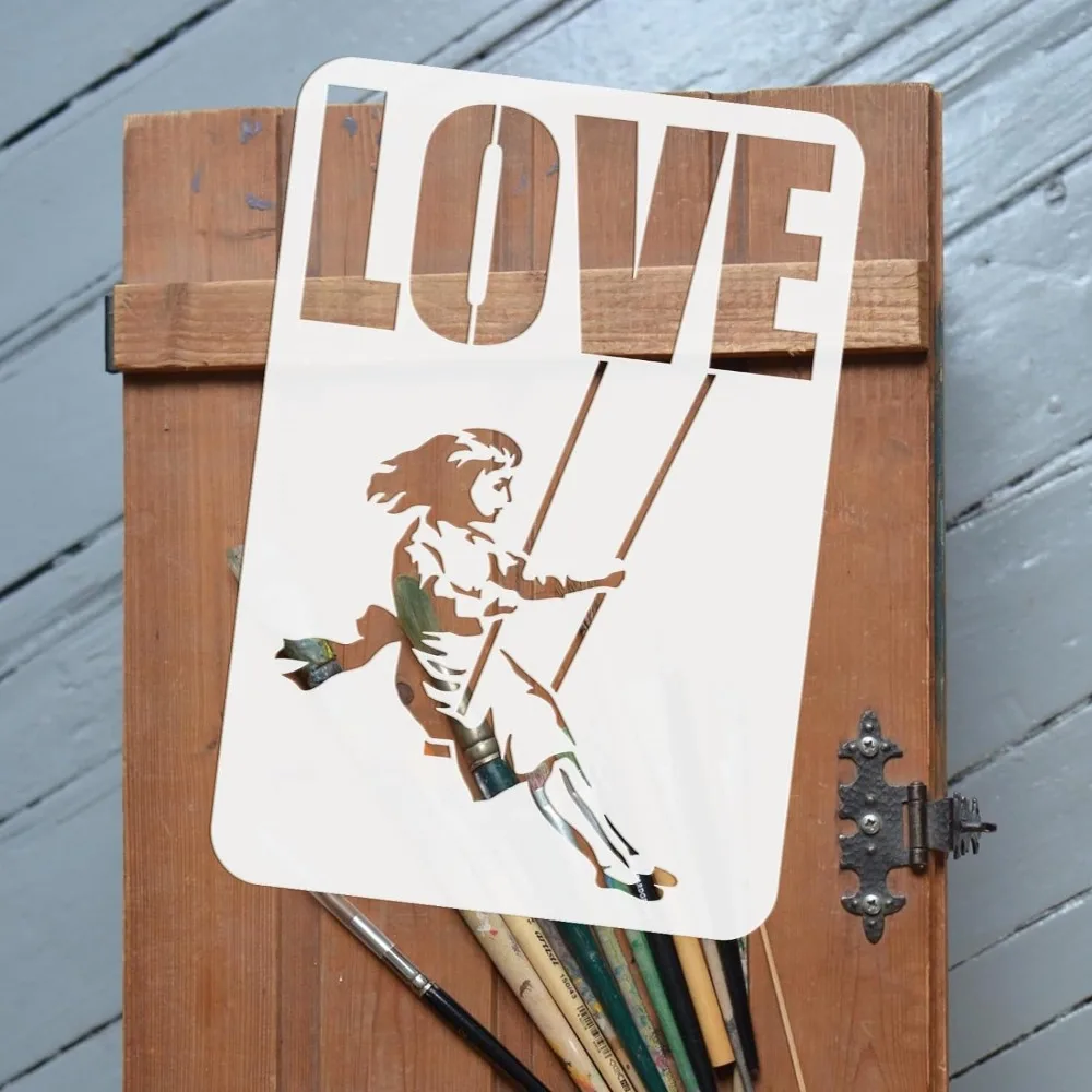 Girl On Swing Stencil 8.3x11.7inch Reusable Banksy Theme Painting Template Banksy Girl with Love Drawing Stencil Banksy Stencil