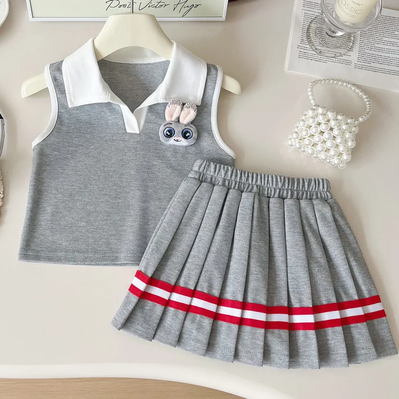 

Girl's Summer New Suit Western Style Girls' Preppy Style SleevelessPoloCollar Vest Top Pleated Skirt Two-Piece Set