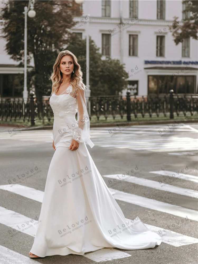 Vestidos De Novia clásicos De satén, Vestidos De Novia con apliques De encaje, cuello De barco, vaina De sirena, mangas largas abullonadas, elegantes Vestidos De Novia