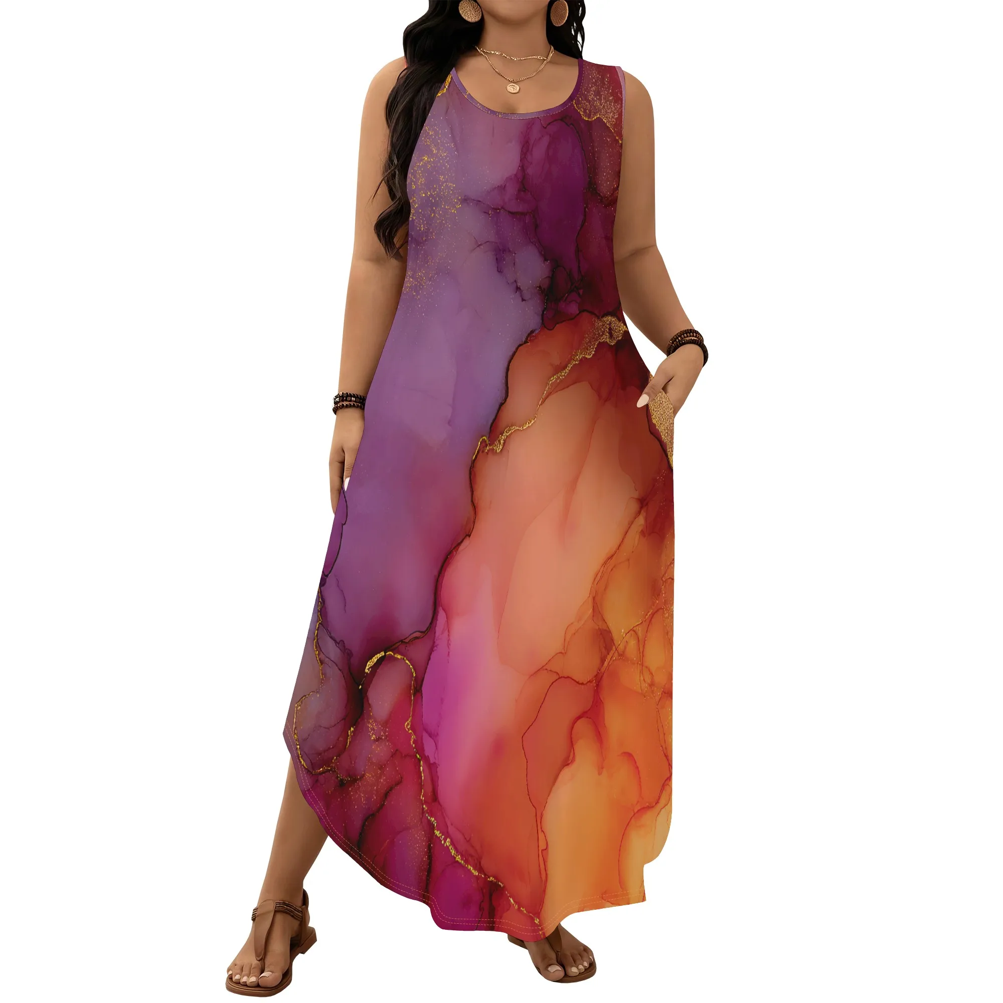 Gaun Tanpa Lengan Ukuran Besar Poliester Bunga Wanita Malam Pesta Biru Pudar