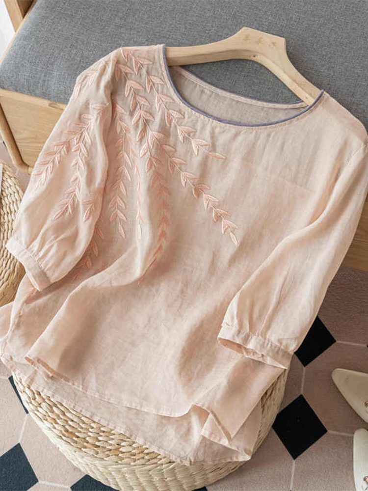 

Loose Fit Cotton Linen Embroidered Top Women's Retro Sle Five Sve irt Artistic Versatile Casual Summer Faion