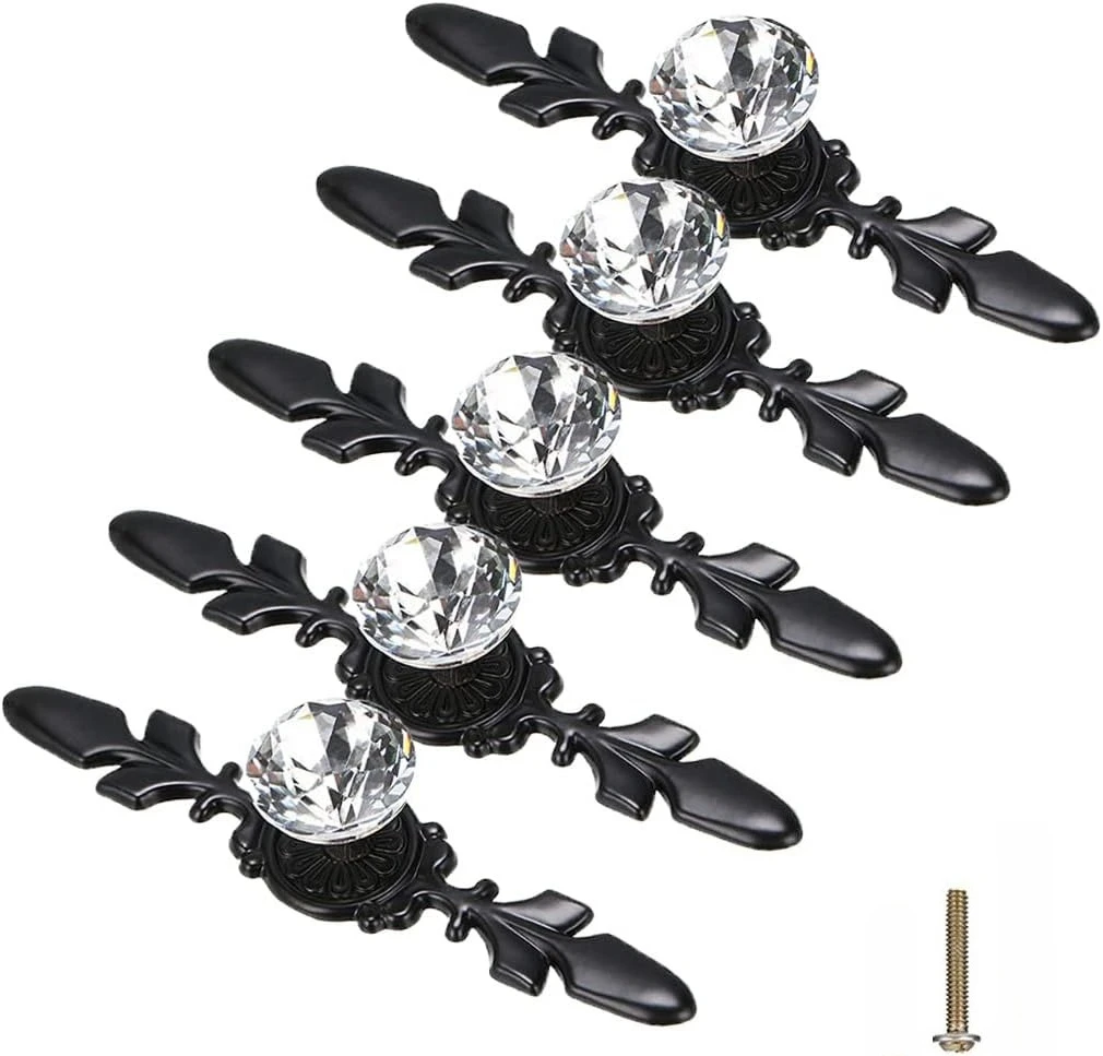 5 Pack Black Diamond Clear Crystal Glass Decorative Knobs with Plate,Drawer Dresser Pulls Handles with for Kitchen Bathroom
