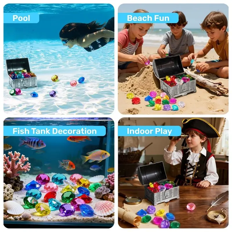 B05C-Pool , Diving Gems 16 Big Colorful Diamonds With Pirate Treasure Chest Water Playthings For Kids Game