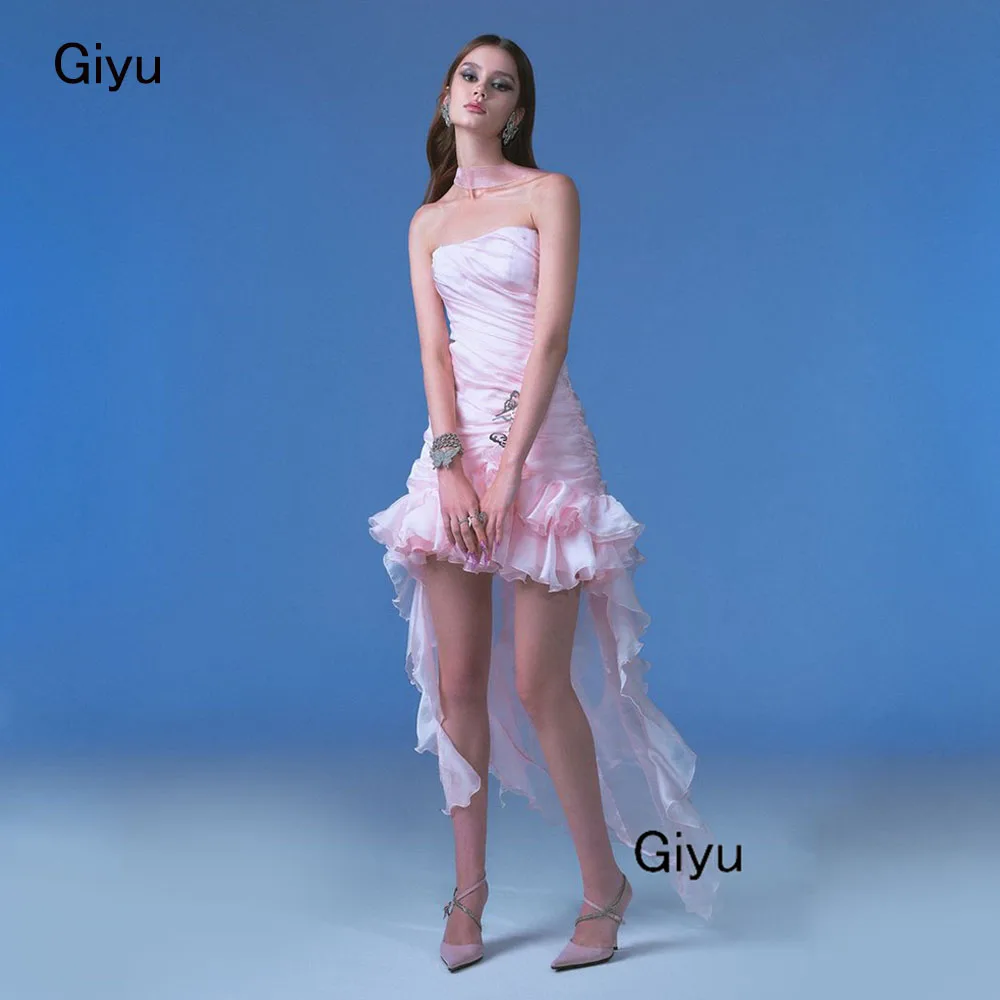 

Giyu Modern Style Pink Hi-Lo Prom Dress Strapless Pleat Short-length Above The Knee Birthday Party Dress Summer Dress