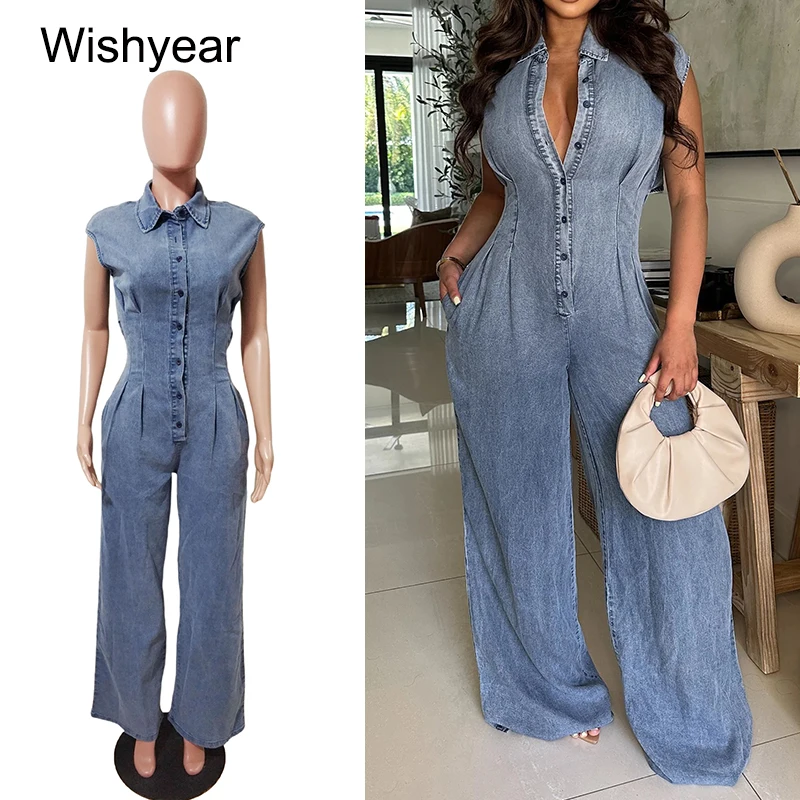 

Fashion Denim Blue Jumpsuits Women turndown collar single-breasted back Hollow Out One Piece Rompers Jeans Streetwear Overalls