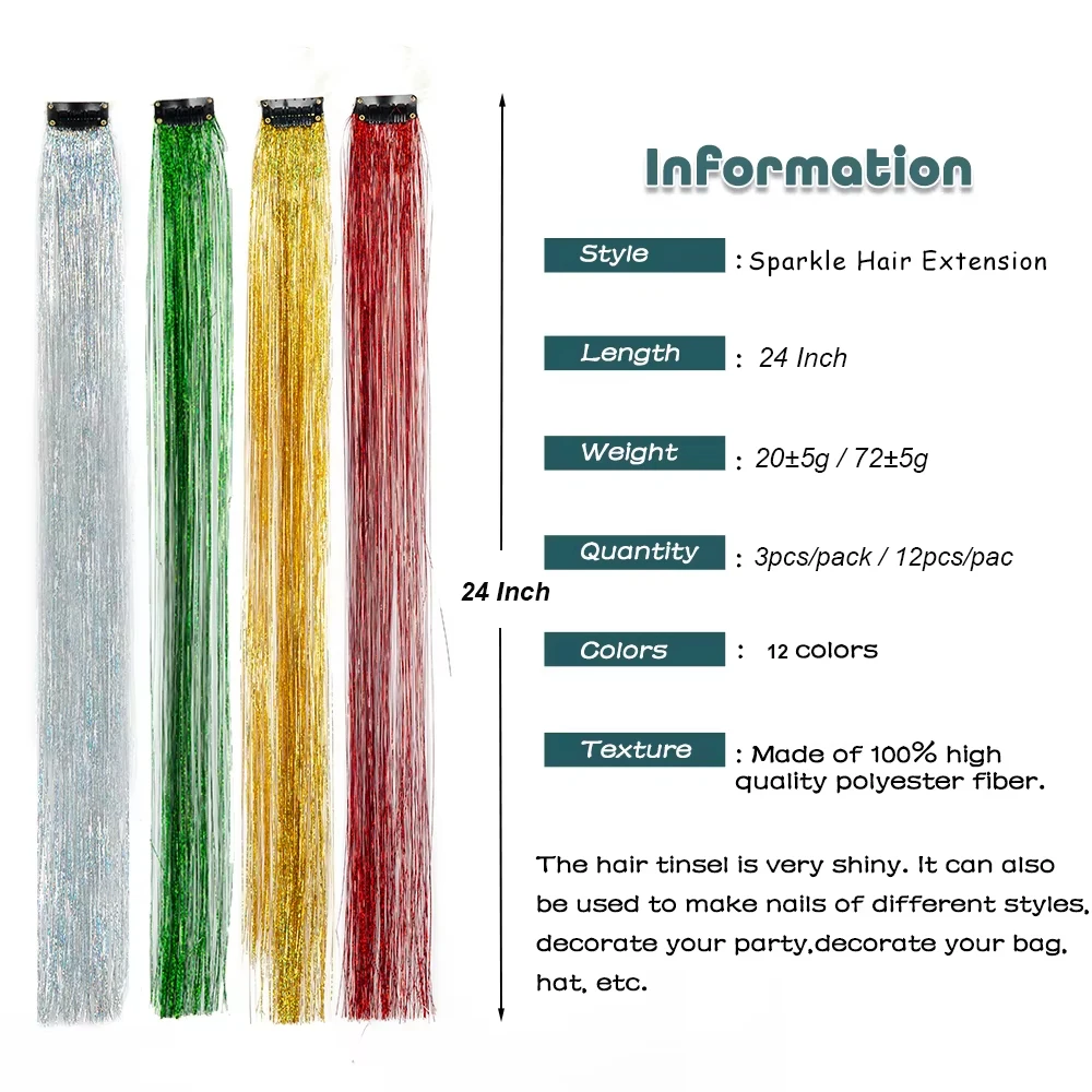 كليب في الشعر بهرج البريق الشعر التمديد 24 بوصة 3 قطعة/الحزمة قوس قزح يسلط الضوء على بريق بهرج الشعر طويل مستقيم وهمية هيربيسي
