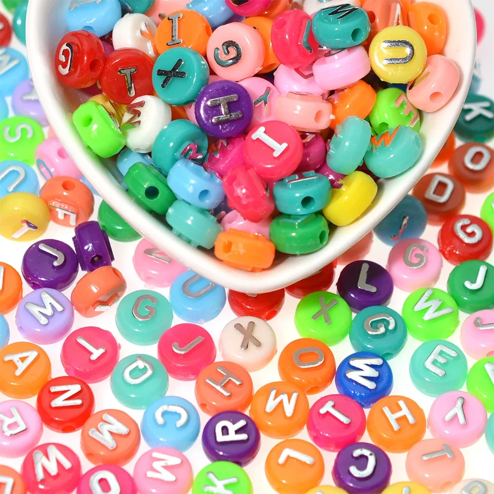 10mm Colorful Acrylic Letter Beads Round Flat Convex Sliver Color Mixed Alphabet DIY Necklace Bracelet Jewelry Making Needlework