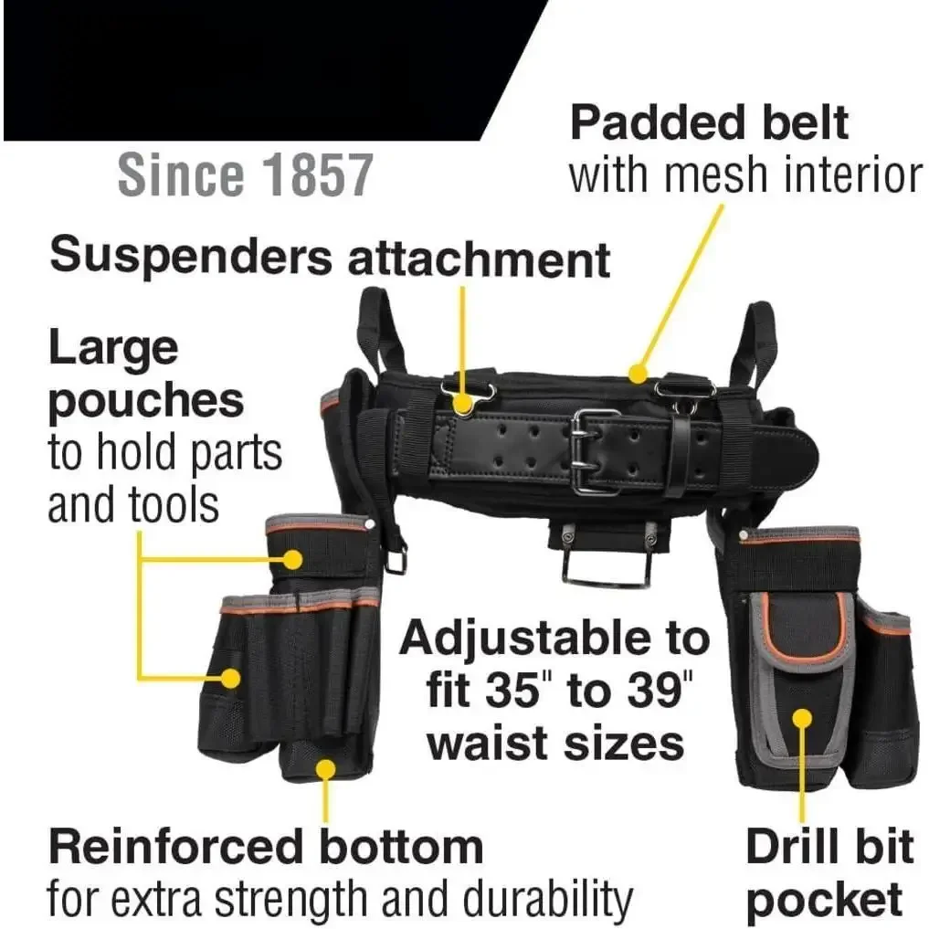 電気技師用パッド入りツールベルトとツールポーチのコンボ、長時間の快適さと耐久性を実現、サイズ：L