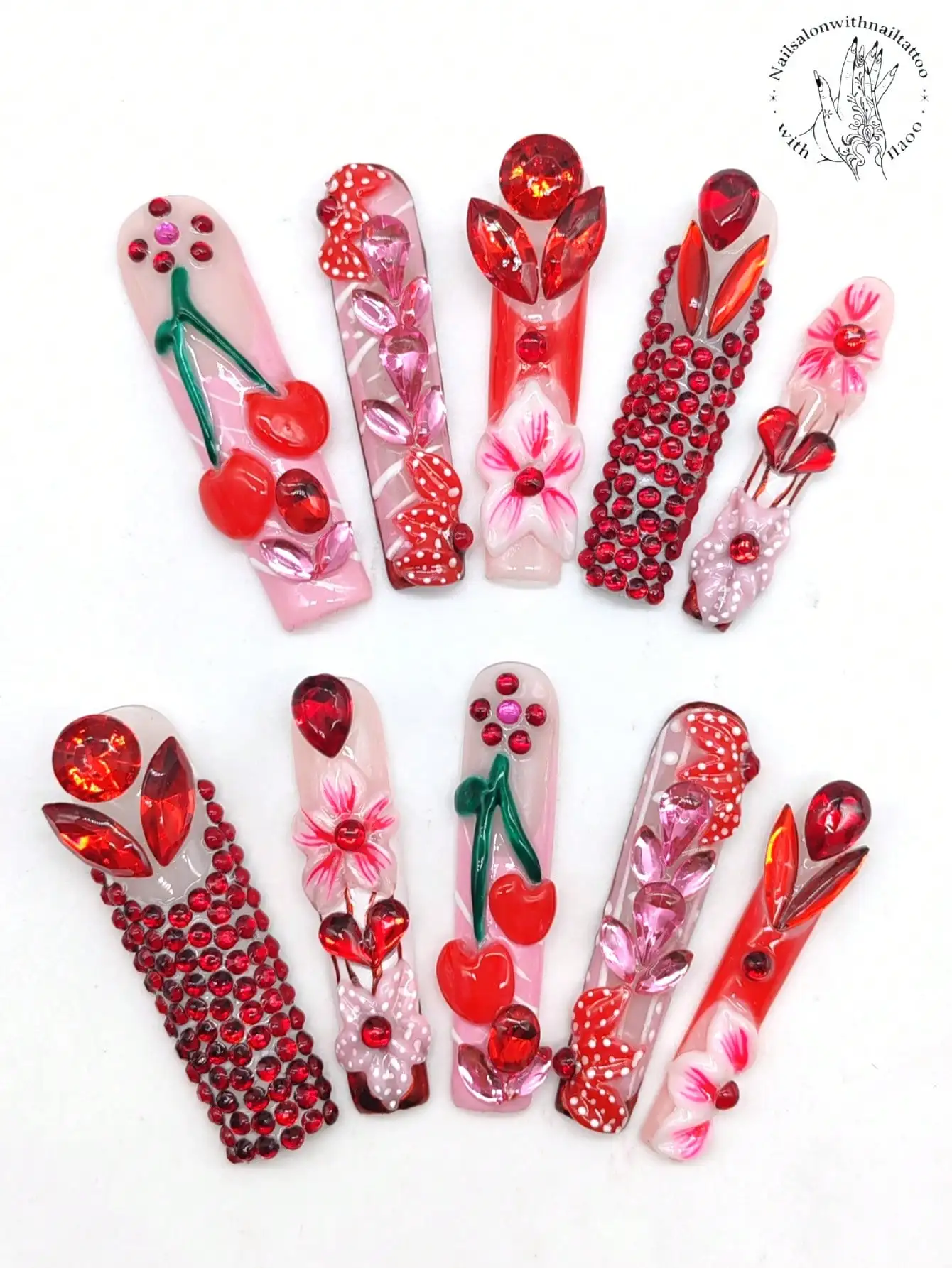 Handcrafted Press-On Nail Set Y2K Square Shapes 55mm Pink & Red Gradient French Design with Red Rhinestones 3D Cherry Blossom Pe