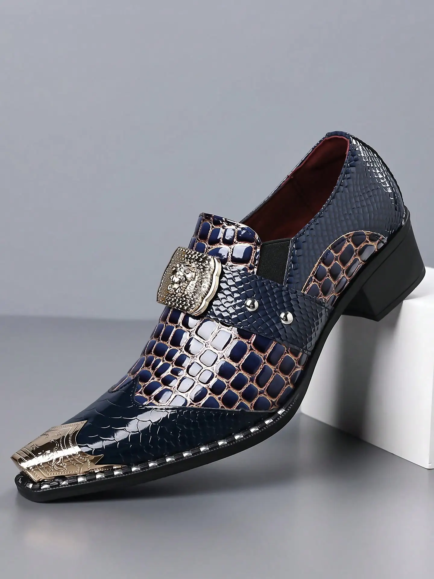 Men's Luxury Slip On Dress Shoes Patent Faux Leather Reptile Embossed Gold Buckle Block Heel Non Slip Comfort Footwear For Wedding Party