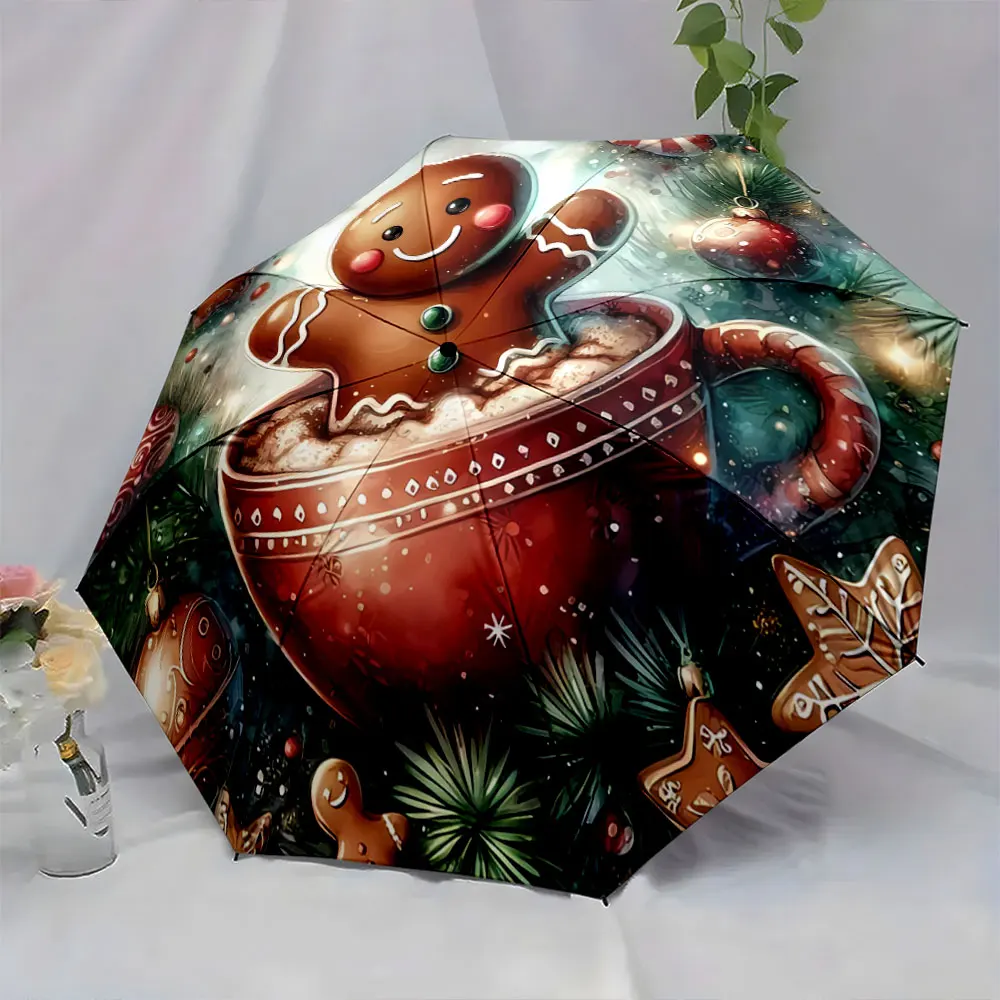 Cute Gingerbread Man in Festive Mug Christmas Design portable waterproof sun rain umbrella for outdoor travel beach