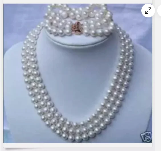 

set of 3 rows 8-9mm south sea white round pearl necklace17"18"19" &bracelet