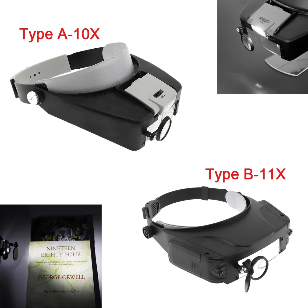 

10X / 11X Headband Magnifier Head Wearing Magnifying Glass Lens Loupe with LED Light and 3 Optical Lens for Jewel Repair