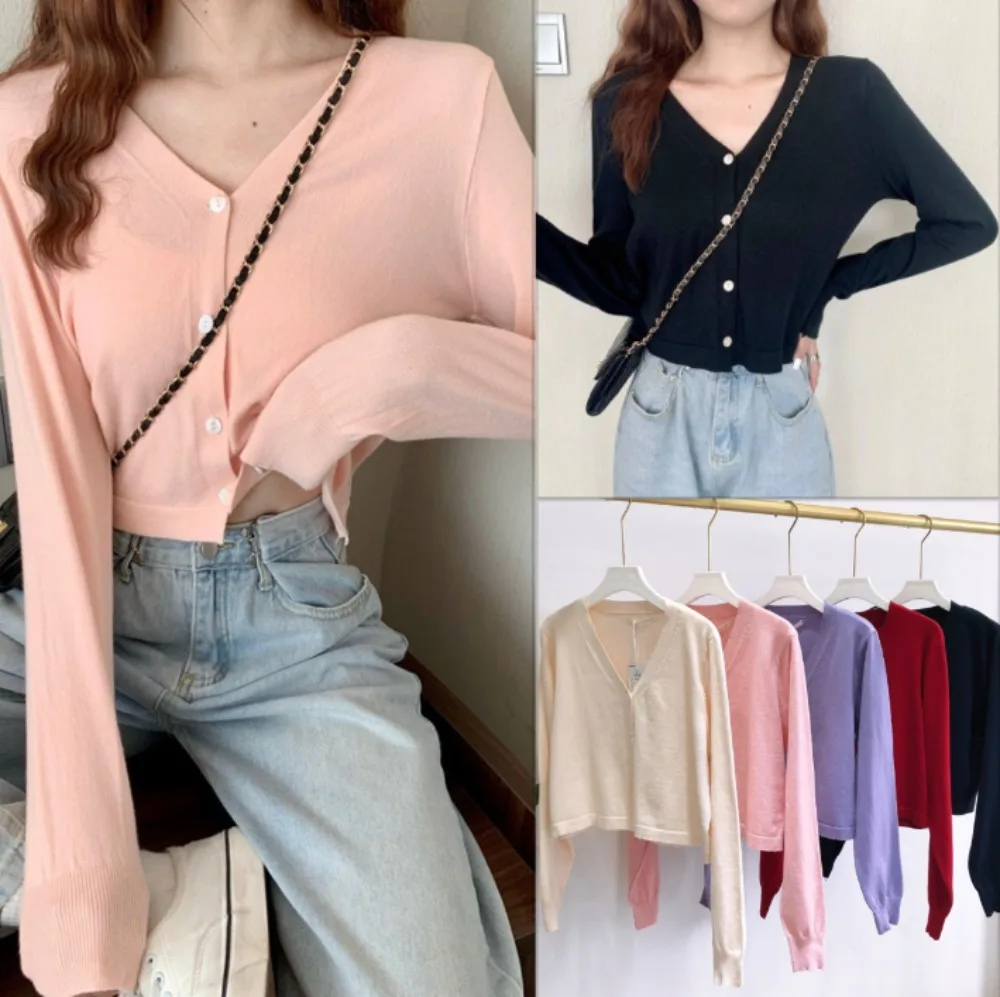 

Fashion Short Style Knitted Cardigan Women Thin Solid Color Long Sleeve Slim Casual Top Coat