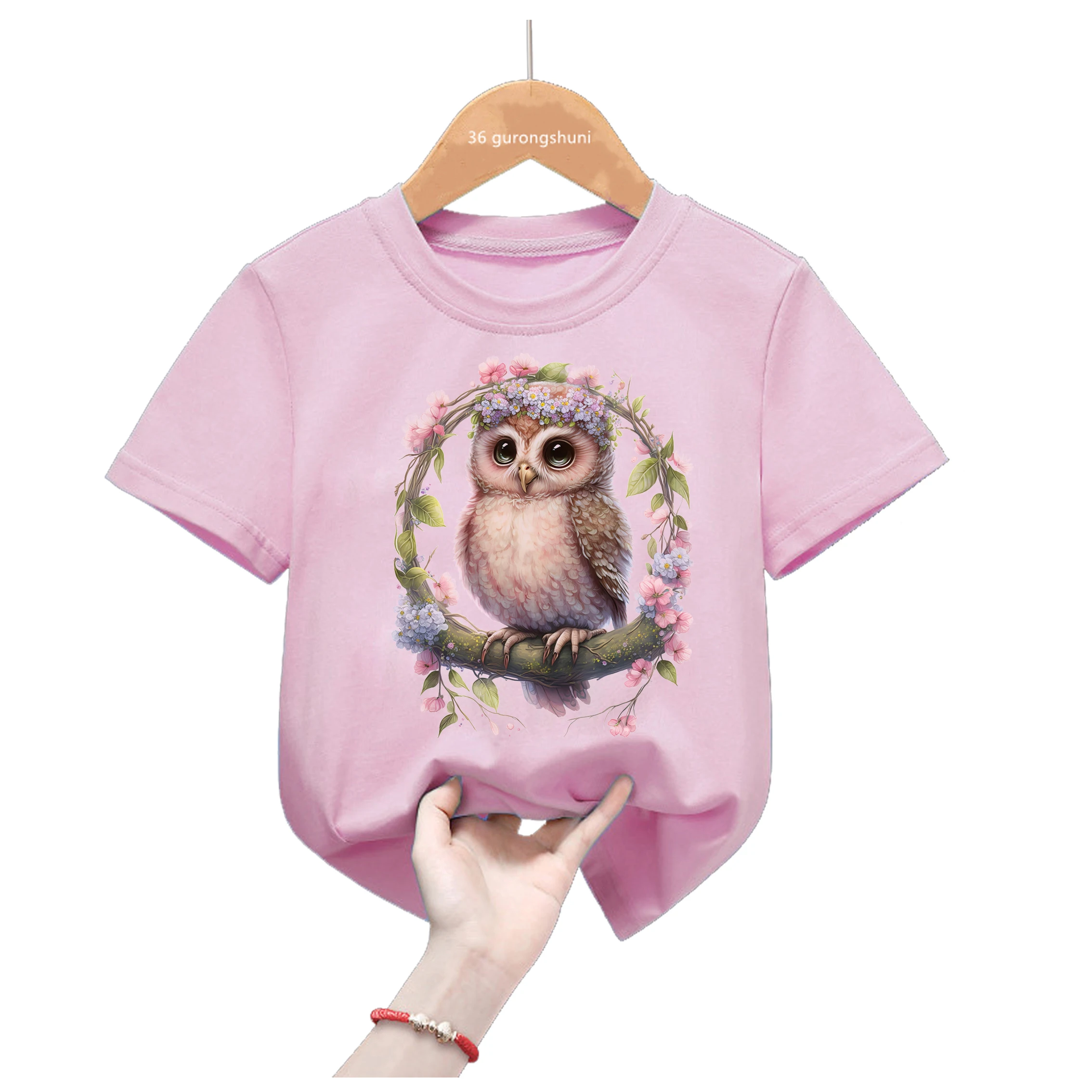 2024 Hot Sale Kawaii Owl Love Book Print Pink Tshirt For Girls Cute Bird Kids Clothes Summer Short Sleeve T-Shirt Streetwear view 3