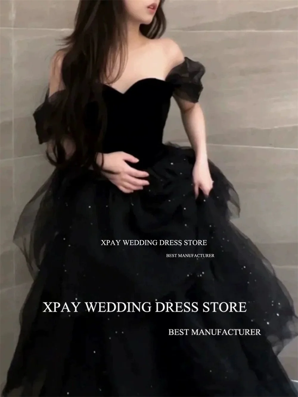 XPAY Sweetheart Off Shoulder Black Wedding Dresses Sparkly Lace Wedding Photo Shoot Bridal Gown Corset Tiered Long Bride Dress