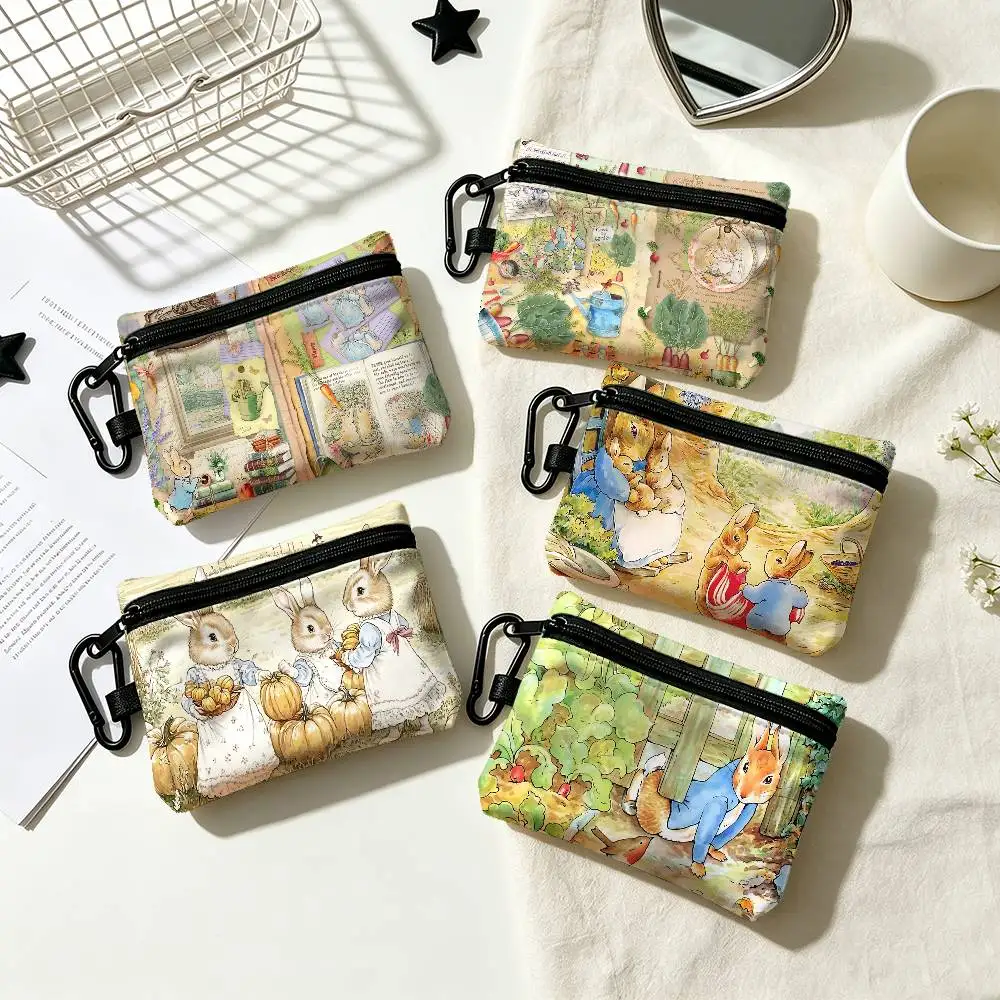 P-Peter Rabbit Portable Oxford Fabric Mini Wallet Carabiner Design Small Coin Bag For Cards Keys Earphones