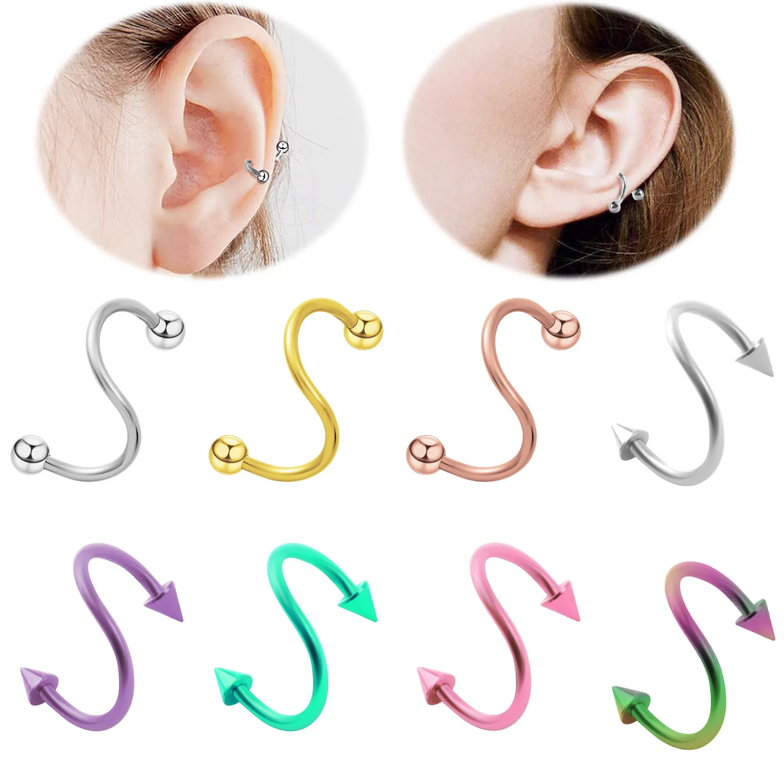 1pc Stainless Steel Pointed cone Ball S-Shaped Nose Ring - Multi-Functional Lip/Ear/Cartilage Piercing Jewelry