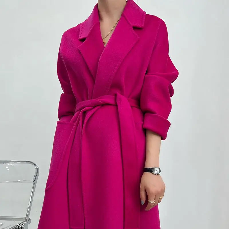 Cappotto medio e lungo da donna nuovo in cashmere double face Cappotto di lana di lana autunno inverno allentato di fascia alta di fascia alta da donna squisito